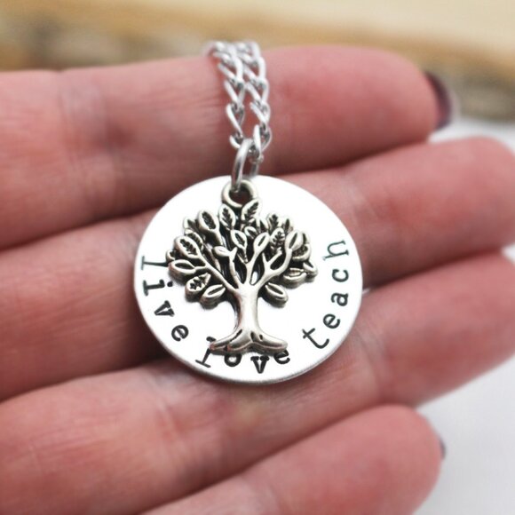Live Love Teach - Hand Stamped Pendant Necklace - Handmade & Hypoallergenic - Picture 1 of 5